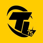 TL75 - Monograma TL preto com 75 dentro de círculo aberto e traços angulares sobre amarelo.