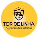 Escudo com coroa e TL75, nome TOP DE LINHA e assinatura A marca dos artistas, sobre amarelo.